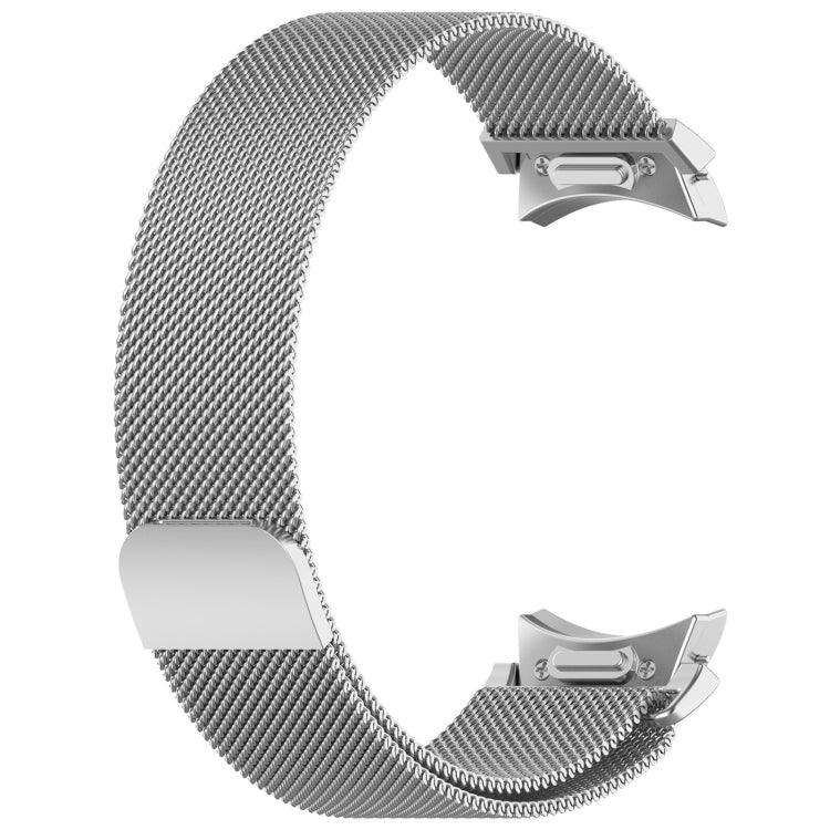 stainless steel magnetic watch band for Galaxy Watch shown in sleek silver mesh design.