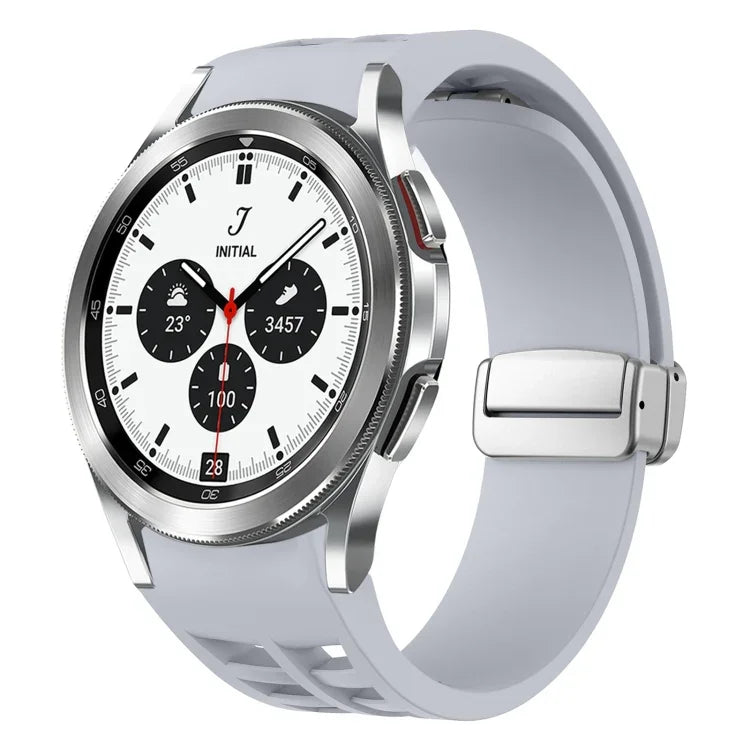 Richard Magnetisches Faltarmband aus Silikon mit silberner Schnalle, passend für Samsung Galaxy Watch 4 Classic 42/46 mm
