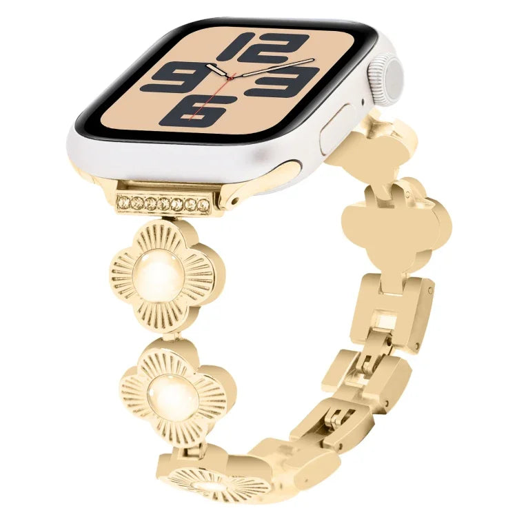 Metallarmband mit vierblättrigem Kleeblatt und Schnellverschluss, passend für Apple Watch SE 2023 (44 mm), Apple Watch SE 2023 (40 mm), Apple Watch Ultra 2 (49 mm), Apple Watch Series 9 (45 mm), Apple Watch Series 9 (41 mm), Apple Watch Ultra 49 mm ...