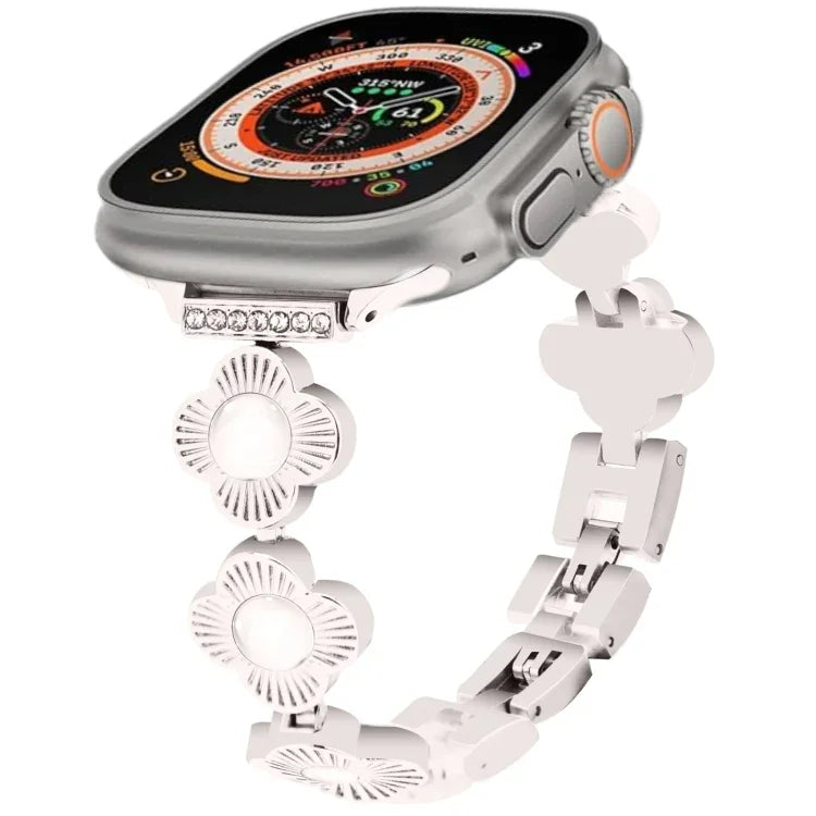 Metallarmband mit vierblättrigem Kleeblatt und Schnellverschluss, passend für Apple Watch SE 2023 (44 mm), Apple Watch SE 2023 (40 mm), Apple Watch Ultra 2 (49 mm), Apple Watch Series 9 (45 mm), Apple Watch Series 9 (41 mm), Apple Watch Ultra 49 mm ...