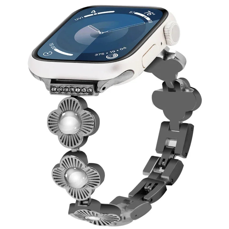 Metallarmband mit vierblättrigem Kleeblatt und Schnellverschluss, passend für Apple Watch SE 2023 (44 mm), Apple Watch SE 2023 (40 mm), Apple Watch Ultra 2 (49 mm), Apple Watch Series 9 (45 mm), Apple Watch Series 9 (41 mm), Apple Watch Ultra 49 mm ...
