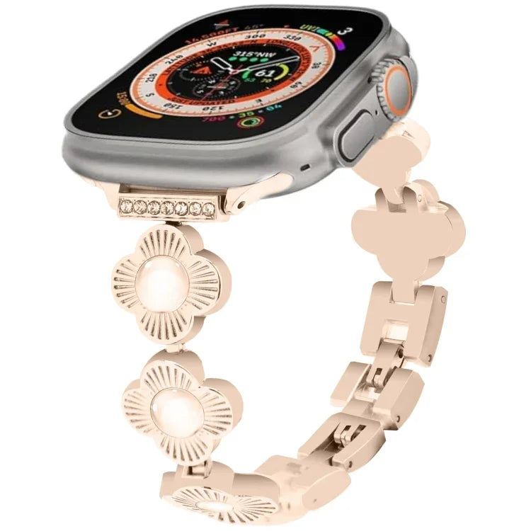 Metallarmband mit vierblättrigem Kleeblatt und Schnellverschluss, passend für Apple Watch SE 2023 (44 mm), Apple Watch SE 2023 (40 mm), Apple Watch Ultra 2 (49 mm), Apple Watch Series 9 (45 mm), Apple Watch Series 9 (41 mm), Apple Watch Ultra 49 mm ...