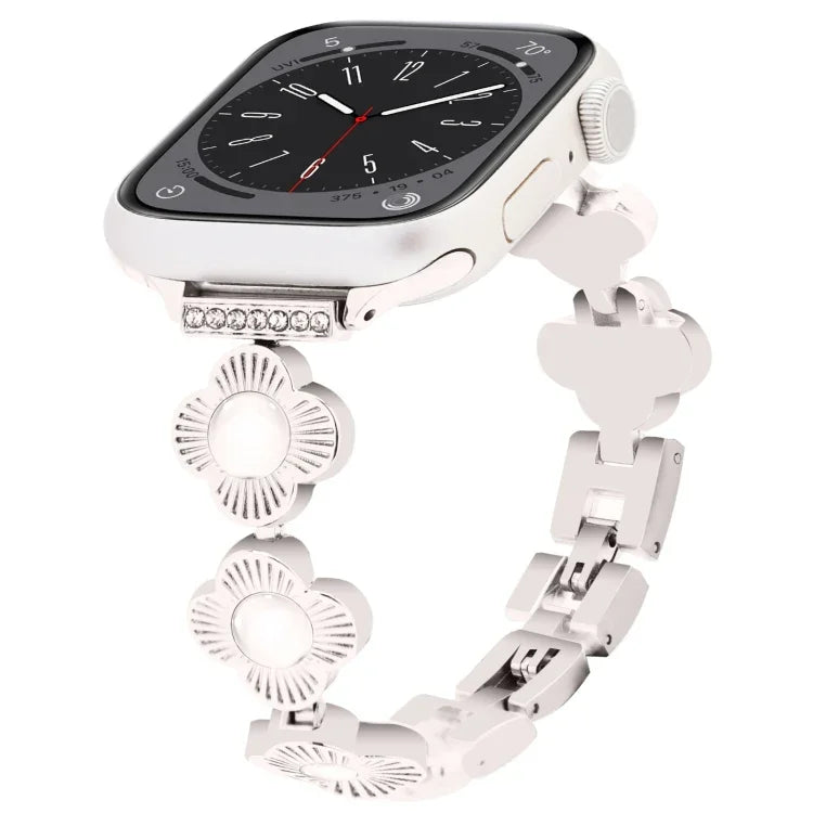 Metallarmband mit vierblättrigem Kleeblatt und Schnellverschluss, passend für Apple Watch SE 2023 (44 mm), Apple Watch SE 2023 (40 mm), Apple Watch Ultra 2 (49 mm), Apple Watch Series 9 (45 mm), Apple Watch Series 9 (41 mm), Apple Watch Ultra 49 mm ...