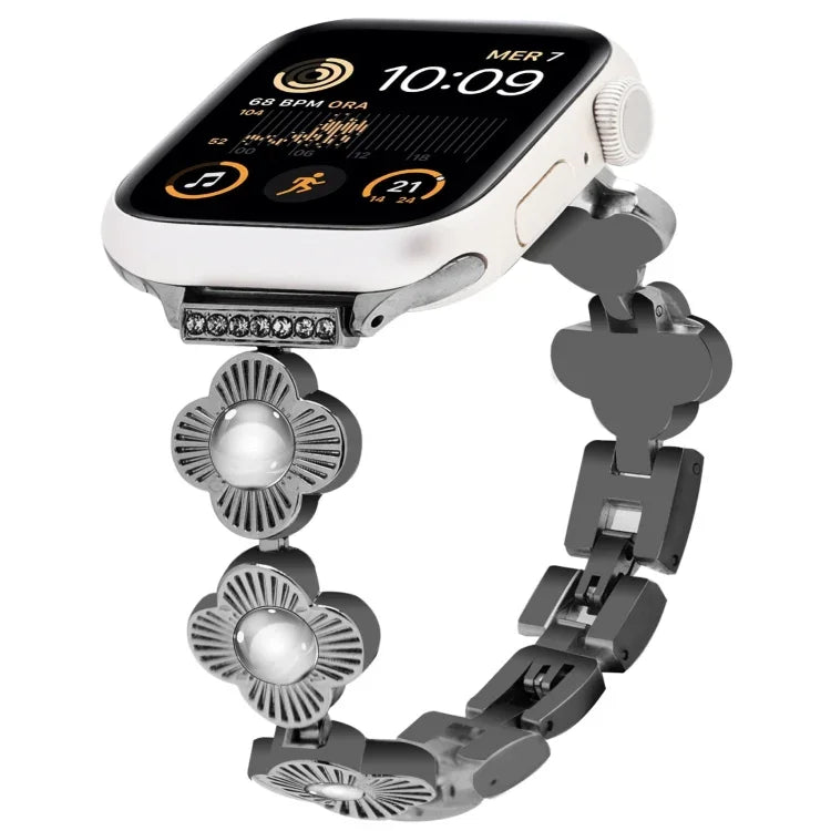 Vierblättriges Kleeblatt Schnellverschluss-Metallketten-Armband, für Apple Watch SE 2022 44mm, für Apple Watch Series 7 41mm, für Apple Watch Series 7 45mm, für Apple Watch Series 6 40mm, für Apple Watch Series 6 44mm, für Apple Watch Series 5 44mm