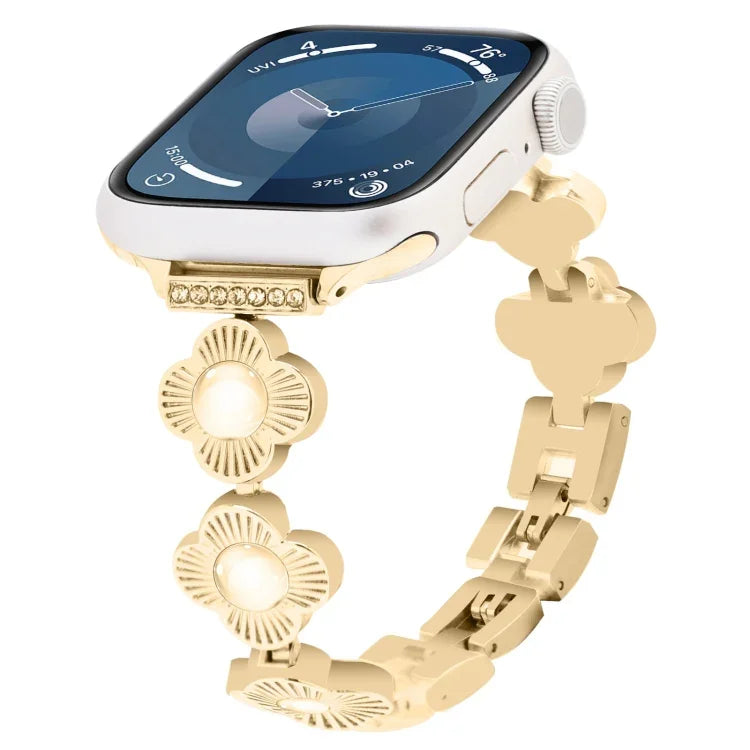 Metallarmband mit vierblättrigem Kleeblatt und Schnellverschluss, passend für Apple Watch SE 2023 (44 mm), Apple Watch SE 2023 (40 mm), Apple Watch Ultra 2 (49 mm), Apple Watch Series 9 (45 mm), Apple Watch Series 9 (41 mm), Apple Watch Ultra 49 mm ...