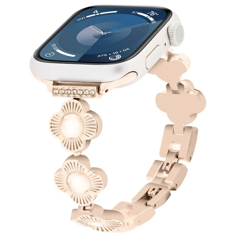 Metallarmband mit vierblättrigem Kleeblatt und Schnellverschluss, passend für Apple Watch SE 2023 (44 mm), Apple Watch SE 2023 (40 mm), Apple Watch Ultra 2 (49 mm), Apple Watch Series 9 (45 mm), Apple Watch Series 9 (41 mm), Apple Watch Ultra 49 mm ...