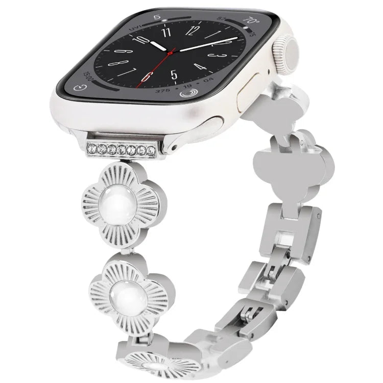 Metallarmband mit vierblättrigem Kleeblatt und Schnellverschluss, passend für Apple Watch SE 2023 (44 mm), Apple Watch SE 2023 (40 mm), Apple Watch Ultra 2 (49 mm), Apple Watch Series 9 (45 mm), Apple Watch Series 9 (41 mm), Apple Watch Ultra 49 mm ...