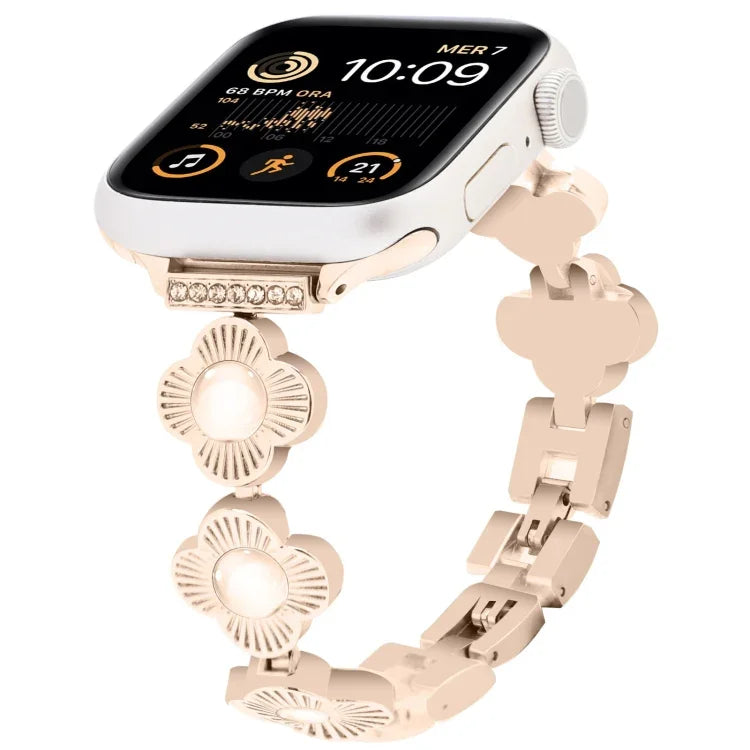 Metallarmband mit vierblättrigem Kleeblatt und Schnellverschluss, passend für Apple Watch SE 2023 (44 mm), Apple Watch SE 2023 (40 mm), Apple Watch Ultra 2 (49 mm), Apple Watch Series 9 (45 mm), Apple Watch Series 9 (41 mm), Apple Watch Ultra 49 mm ...