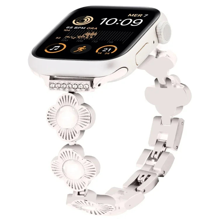 Metallarmband mit vierblättrigem Kleeblatt und Schnellverschluss, passend für Apple Watch SE 2023 (44 mm), Apple Watch SE 2023 (40 mm), Apple Watch Ultra 2 (49 mm), Apple Watch Series 9 (45 mm), Apple Watch Series 9 (41 mm), Apple Watch Ultra 49 mm ...