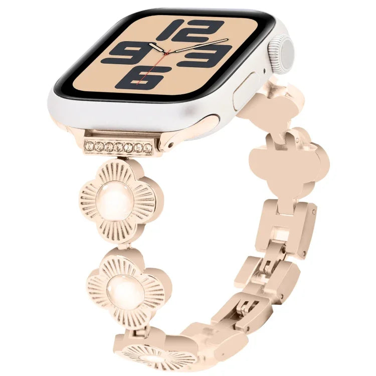 Metallarmband mit vierblättrigem Kleeblatt und Schnellverschluss, passend für Apple Watch SE 2023 (44 mm), Apple Watch SE 2023 (40 mm), Apple Watch Ultra 2 (49 mm), Apple Watch Series 9 (45 mm), Apple Watch Series 9 (41 mm), Apple Watch Ultra 49 mm ...