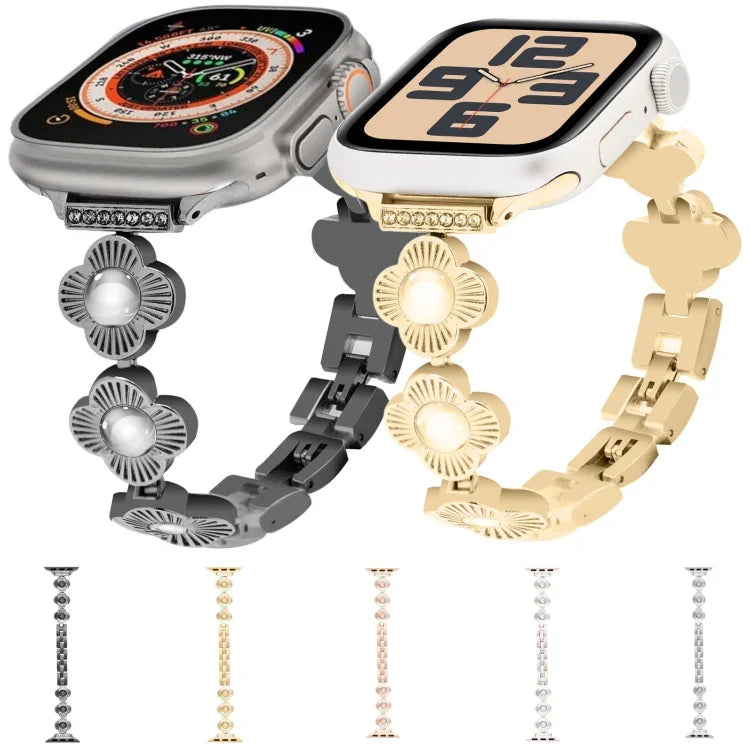 Metallarmband mit vierblättrigem Kleeblatt und Schnellverschluss, passend für Apple Watch SE 2023 (44 mm), Apple Watch SE 2023 (40 mm), Apple Watch Ultra 2 (49 mm), Apple Watch Series 9 (45 mm), Apple Watch Series 9 (41 mm), Apple Watch Ultra 49 mm ...
