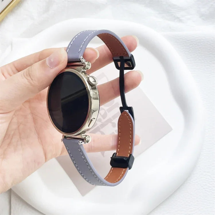 Slim Magnetic Buckle 20mm Microfiber Leather Watch Band for Galaxy Watch 4, showcasing a hand-held view of the stylish strap.