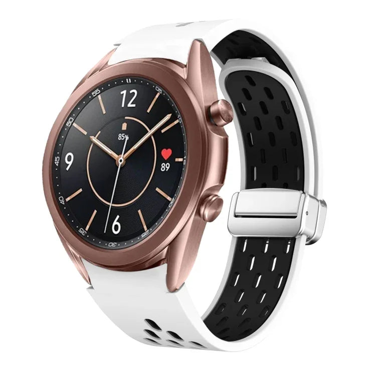 Zweifarbiges, magnetisches Silikon-Armband mit Faltschließe in Silber, passend für Samsung Galaxy Watch 3 (41 mm), Samsung Galaxy Watch Active, Samsung Galaxy Watch (42 mm) und Samsung Gear S2 Classic