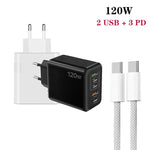120W PD3.0 3 Typ-C 2 USB Multi-Port-Schnellladegerät mit Typ-C auf Typ-C Kabel, EU-Stecker, EU-Stecker + C zu C Kabel
