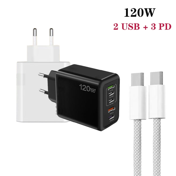 120W PD3.0 3 Typ-C 2 USB Multi-Port-Schnellladegerät mit Typ-C auf Typ-C Kabel, EU-Stecker, EU-Stecker + C zu C Kabel