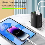 120W PD3.0 3 Typ-C 2 USB Multi-Port-Schnellladegerät mit Typ-C auf Typ-C Kabel, EU-Stecker, EU-Stecker + C zu C Kabel