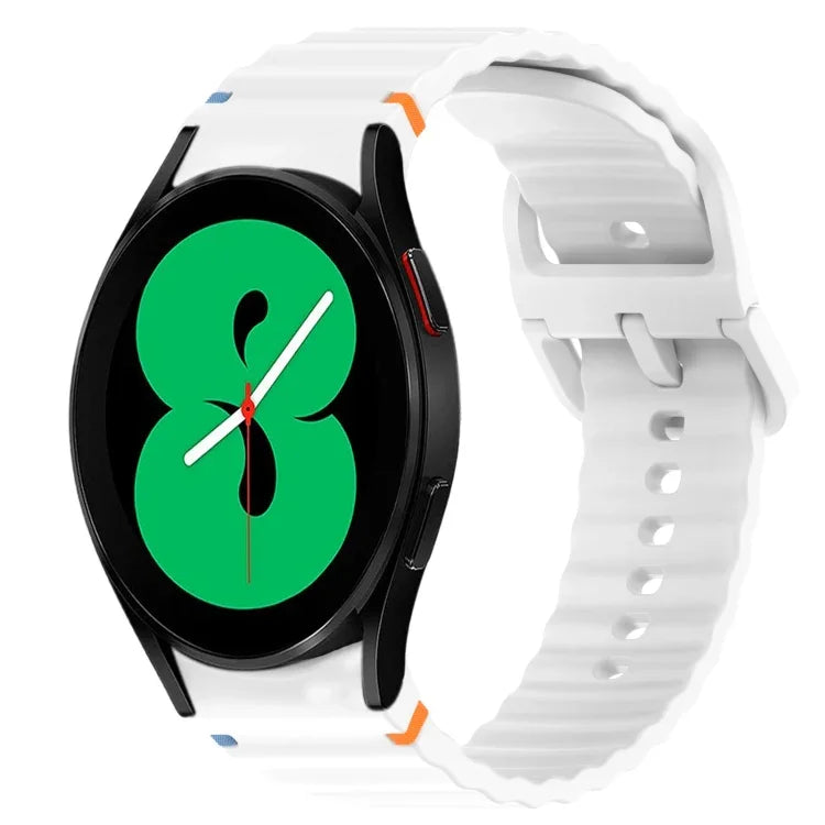 Wavy Grain Stitched Quick Release Silicone Watch Band for Samsung Galaxy Watch 4 model with black watch face and white strap.