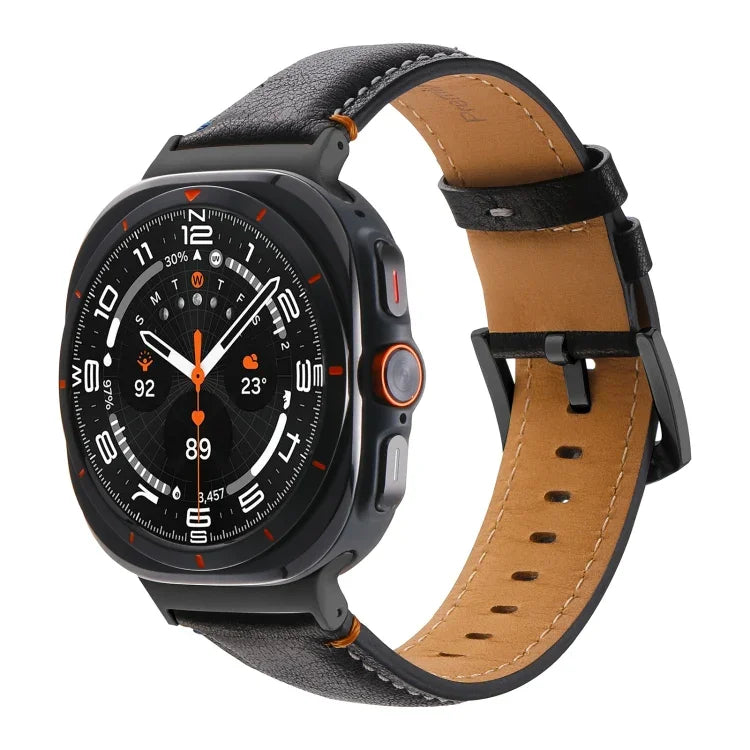Schwarzes, genähtes Echtlederarmband für Samsung Galaxy Watch Ultra 47 mm