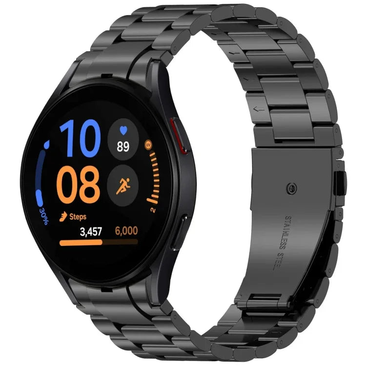 Metal watch band for Samsung Galaxy Watch shown on a stylish smartwatch, featuring a sleek and modern design.