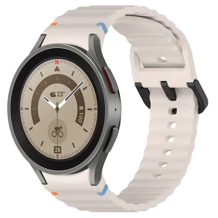 Wavy Grain Stitched Black Buckle Silicone Watch Band, For Samsung Galaxy Watch 5 40 / 44mm, For Samsung Galaxy Watch 5 Pro, For Samsung Galaxy Watch 4 40 / 44mm, For Samsung Galaxy Watch 4 Classic 42 / 46mm