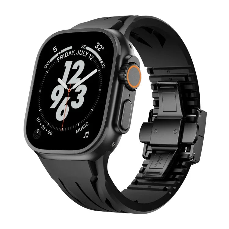 Tailor Edelstahl-Armband mit schwarzer Faltschließe und Silikonverschluss, passend für Apple Watch 44 mm / 45 mm / 46 mm / 49 mm