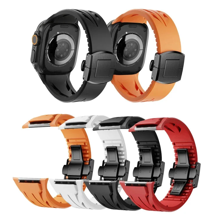 Tailor Edelstahl-Armband mit schwarzer Faltschließe und Silikonverschluss, passend für Apple Watch 44 mm / 45 mm / 46 mm / 49 mm