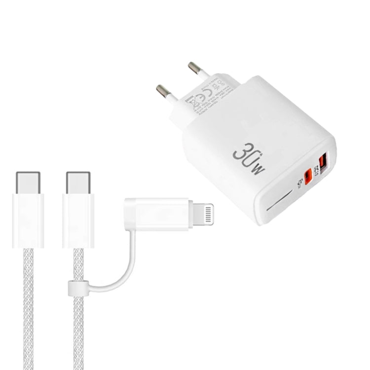 PD31 30W USB-C / Typ-C + USB-A Ladegerät mit Typ-C+8 Pin 2-in-1 Datenkabel, EU Stecker, EU Stecker + 2-in-1 Datenkabel