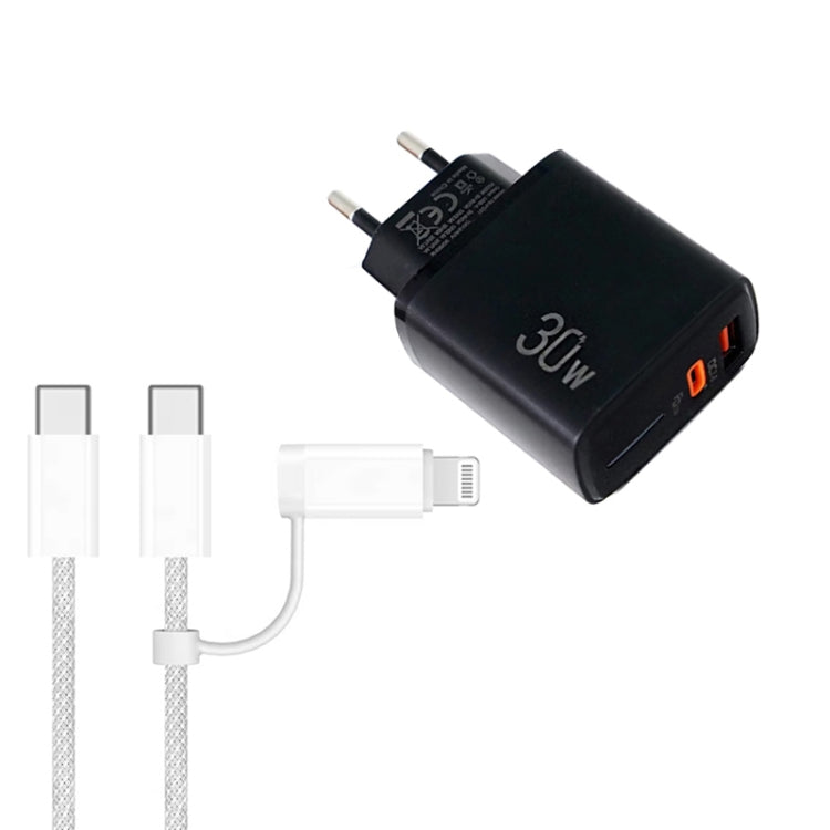 PD31 30W USB-C / Typ-C + USB-A Ladegerät mit Typ-C+8 Pin 2-in-1 Datenkabel, EU Stecker, EU Stecker + 2-in-1 Datenkabel