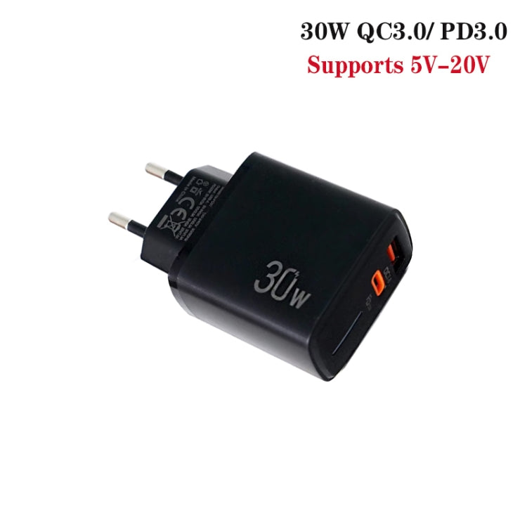 PD31 30W USB-C / Typ-C + USB-A Ladegerät mit Typ-C+8 Pin 2-in-1 Datenkabel, EU Stecker, EU Stecker + 2-in-1 Datenkabel