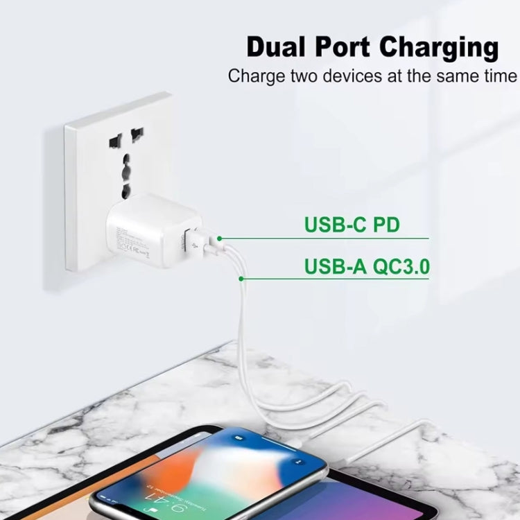 PD31 30W USB-C / Typ-C + USB-A Ladegerät mit Typ-C+8 Pin 2-in-1 Datenkabel, EU Stecker, EU Stecker + 2-in-1 Datenkabel