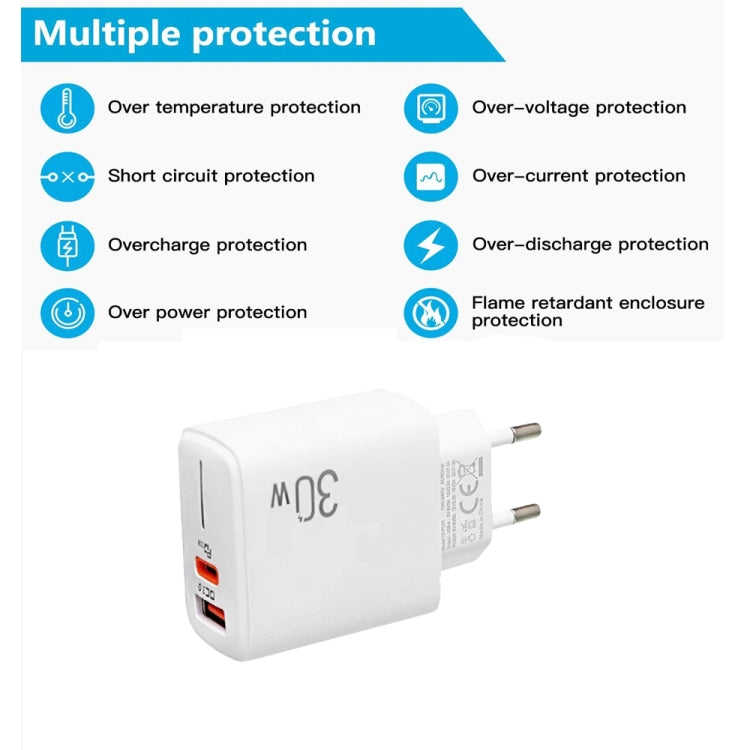 PD31 30W USB-C / Typ-C + USB-A Ladegerät mit Typ-C+8 Pin 2-in-1 Datenkabel, EU Stecker, EU Stecker + 2-in-1 Datenkabel