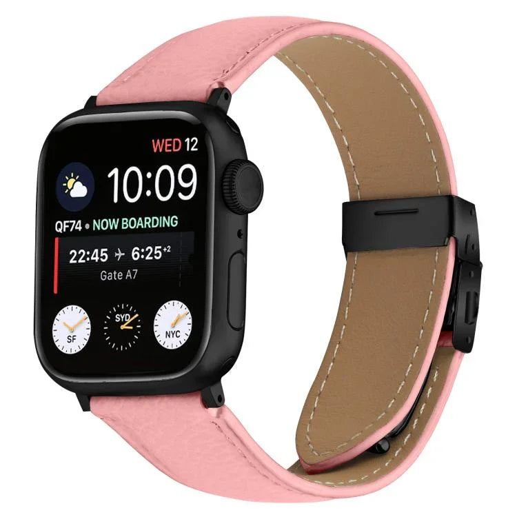 Schwarzes Lederarmband mit Litschi-Textur und Dornschließe, passend für Apple Watch 46 mm / 49 mm / 45 mm / 44 mm und 42 mm / 41 mm / 40 mm / 38 mm