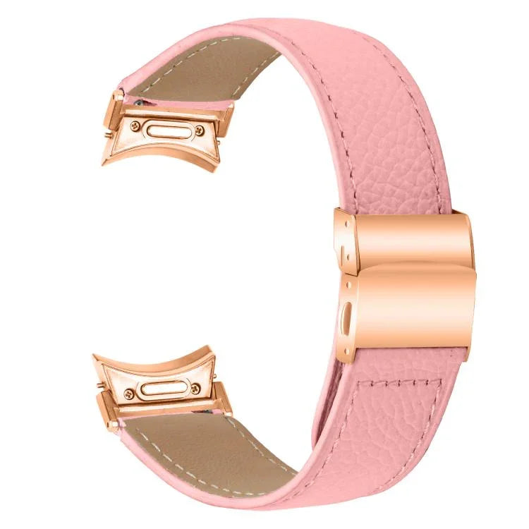 Schnellverschluss-Armband aus Leder mit Litschi-Textur in Roségold und Schildkrötenverschluss, passend für Samsung Galaxy Watch 7 (40/44 mm)