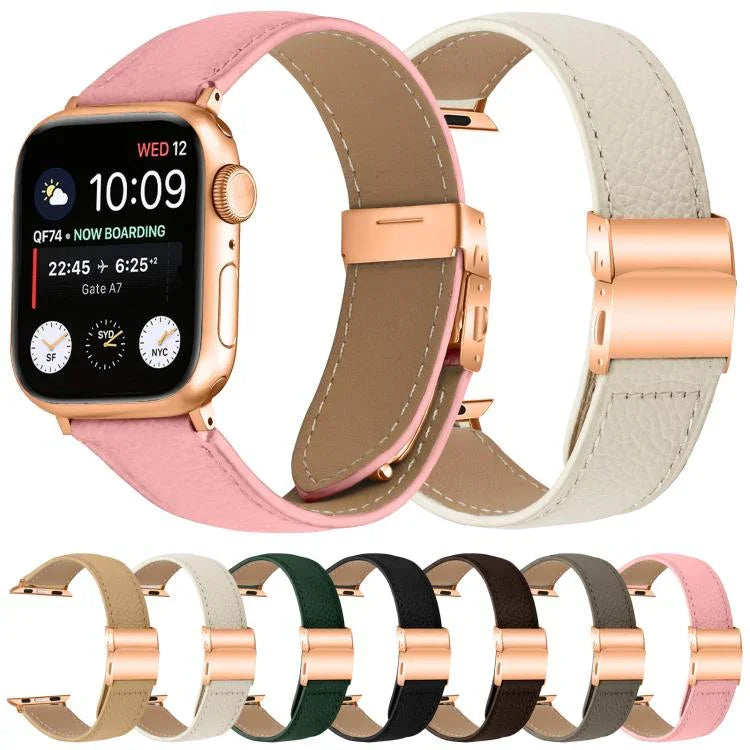 Lychee Texture Rose Gold Turtle Back Buckle Leather Watch Band, For Apple Watch 46mm / 49mm / 45mm / 44mm, For Apple Watch 42mm / 41mm / 40mm / 38mm