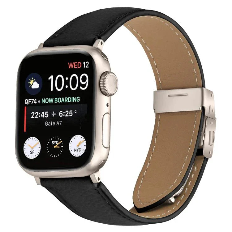 Litschi-Textur, Sternenlicht-Klapparmband aus Leder, passend für Apple Watch 46 mm / 49 mm / 45 mm / 44 mm und 42 mm / 41 mm / 40 mm / 38 mm