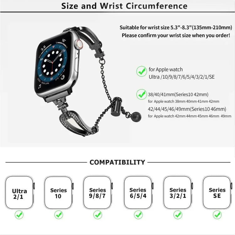 U-förmiges Diamantarmband aus Zinklegierung, passend für Apple Watch 46 mm / 49 mm / 45 mm / 44 mm und 42 mm / 41 mm / 40 mm / 38 mm