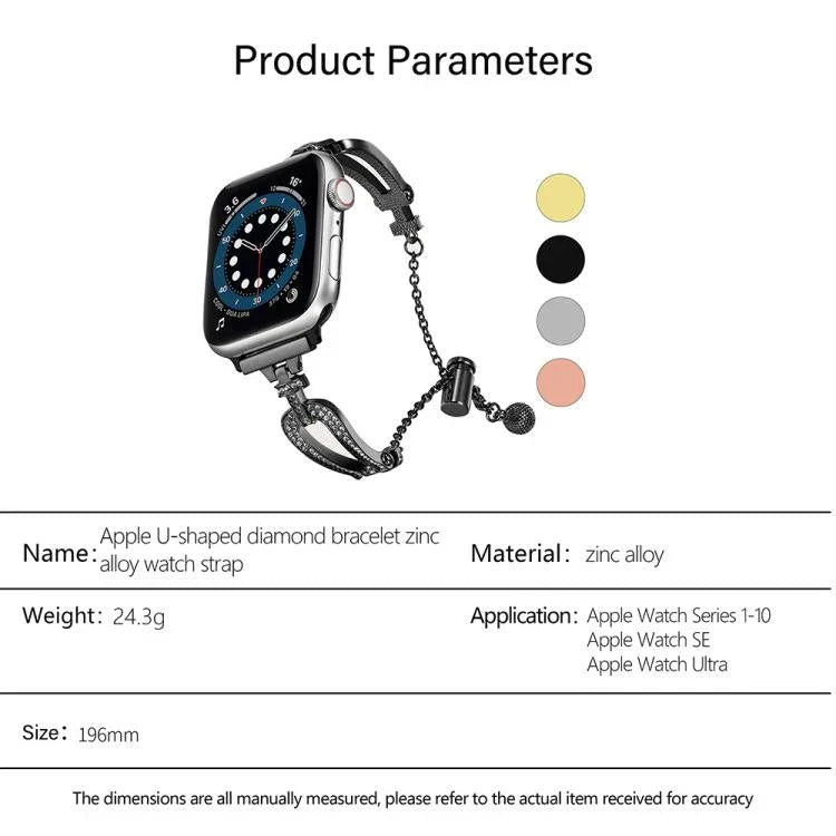 U-förmiges Diamantarmband aus Zinklegierung, passend für Apple Watch 46 mm / 49 mm / 45 mm / 44 mm und 42 mm / 41 mm / 40 mm / 38 mm
