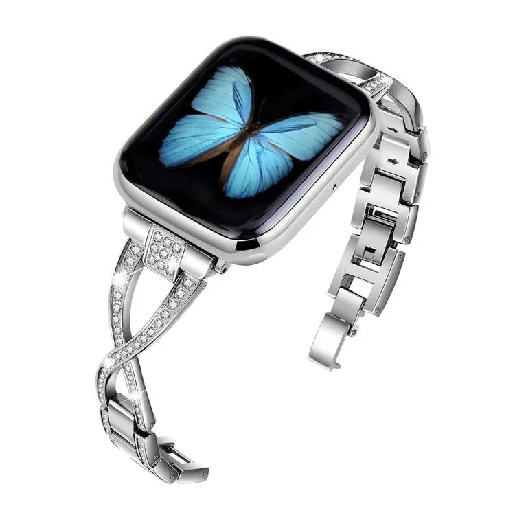 Uhrenarmband aus Zinklegierung mit gekreuzten Diamanten, passend für Apple Watch 46 mm / 49 mm / 45 mm / 44 mm und 42 mm / 41 mm / 40 mm / 38 mm