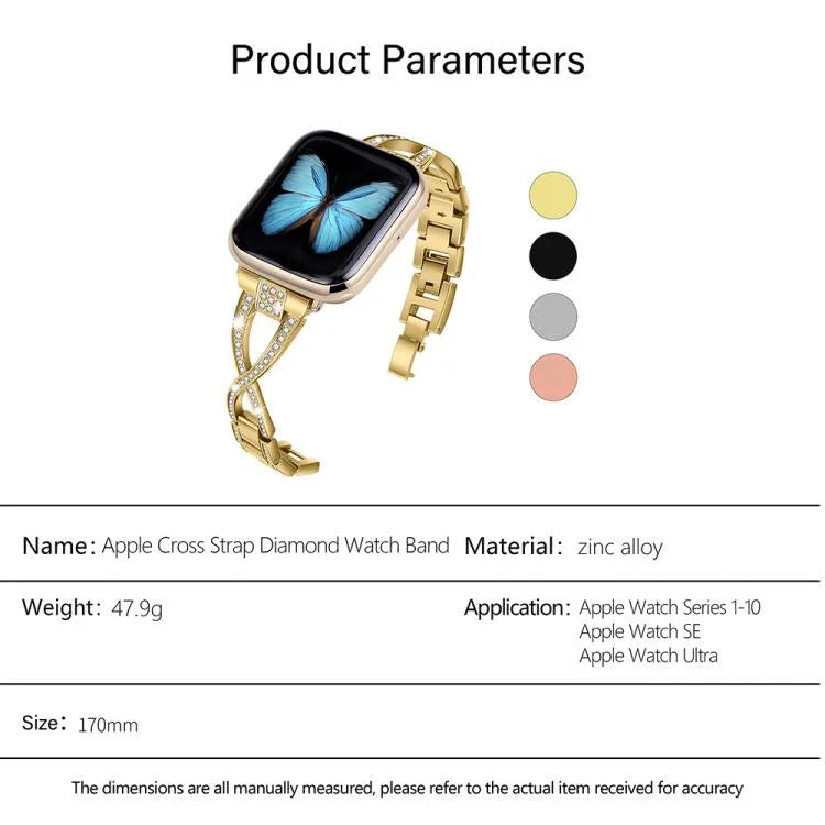 Uhrenarmband aus Zinklegierung mit gekreuzten Diamanten, passend für Apple Watch 46 mm / 49 mm / 45 mm / 44 mm und 42 mm / 41 mm / 40 mm / 38 mm