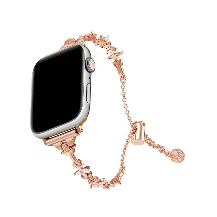 Uhrenarmband aus Zinklegierung mit vierblättrigem Kleeblatt-Motiv und Diamanten, passend für Apple Watch 46 mm / 49 mm / 45 mm / 44 mm und 42 mm / 41 mm / 40 mm / 38 mm