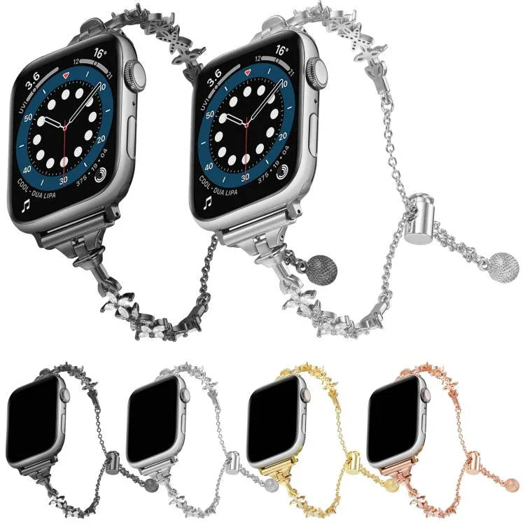 Uhrenarmband aus Zinklegierung mit vierblättrigem Kleeblatt-Motiv und Diamanten, passend für Apple Watch 46 mm / 49 mm / 45 mm / 44 mm und 42 mm / 41 mm / 40 mm / 38 mm