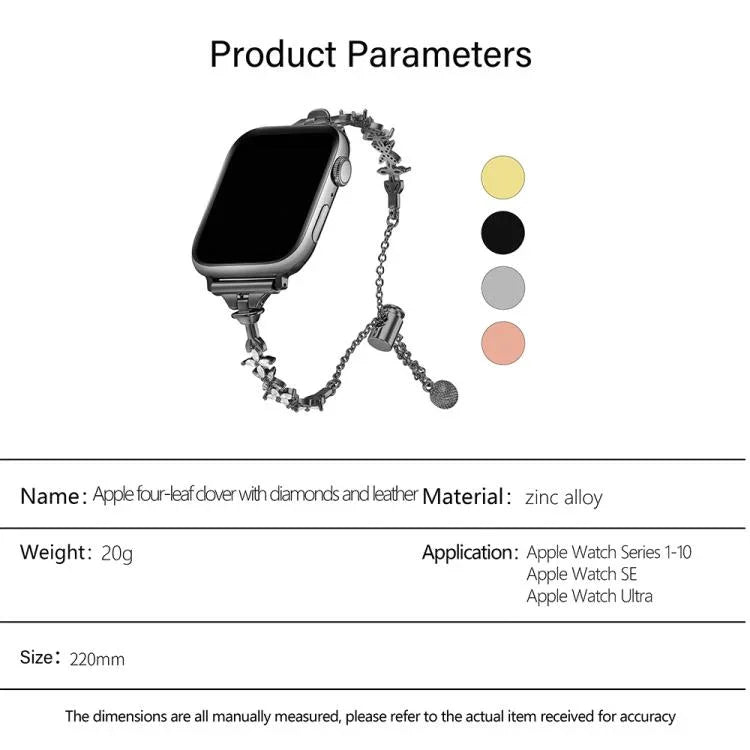 Uhrenarmband aus Zinklegierung mit vierblättrigem Kleeblatt-Motiv und Diamanten, passend für Apple Watch 46 mm / 49 mm / 45 mm / 44 mm und 42 mm / 41 mm / 40 mm / 38 mm