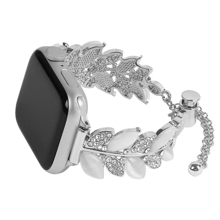 Armband aus Legierung mit blattförmigem Diamantbesatz, passend für Apple Watch 46 mm / 49 mm / 45 mm / 44 mm und 42 mm / 41 mm / 40 mm / 38 mm