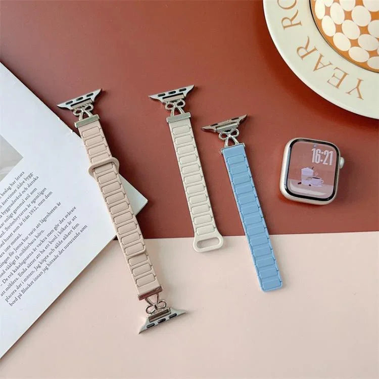 Schmale, magnetische Silikon-Uhrenarmbänder mit Schleife, passend für Apple Watch 46 mm / 49 mm / 45 mm / 44 mm und 42 mm / 41 mm / 40 mm / 38 mm