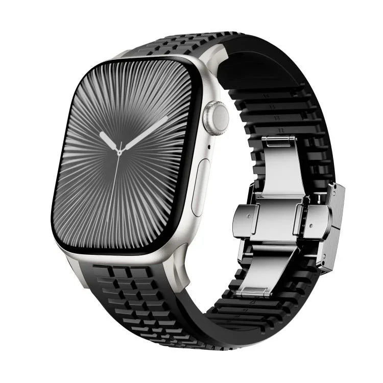 Geriffeltes Silikon-Uhrenarmband mit Faltschließe, passend für Apple Watch 46 mm / 49 mm / 45 mm / 44 mm
