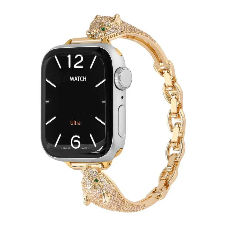 Kupferbesetztes Uhrenarmband mit Zirkonia-Leopardenkopf, passend für Apple Watch 46 mm / 49 mm / 45 mm / 44 mm und 42 mm / 41 mm / 40 mm / 38 mm