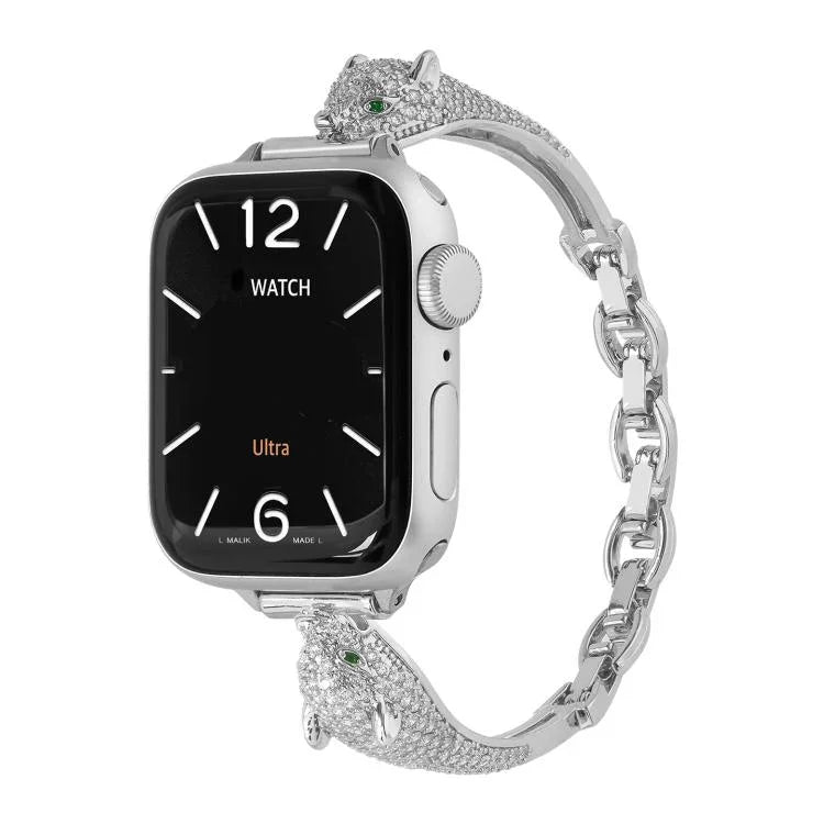 Kupferbesetztes Uhrenarmband mit Zirkonia-Leopardenkopf, passend für Apple Watch 46 mm / 49 mm / 45 mm / 44 mm und 42 mm / 41 mm / 40 mm / 38 mm