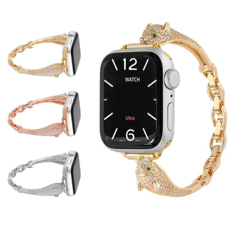 Kupferbesetztes Uhrenarmband mit Zirkonia-Leopardenkopf, passend für Apple Watch 46 mm / 49 mm / 45 mm / 44 mm und 42 mm / 41 mm / 40 mm / 38 mm