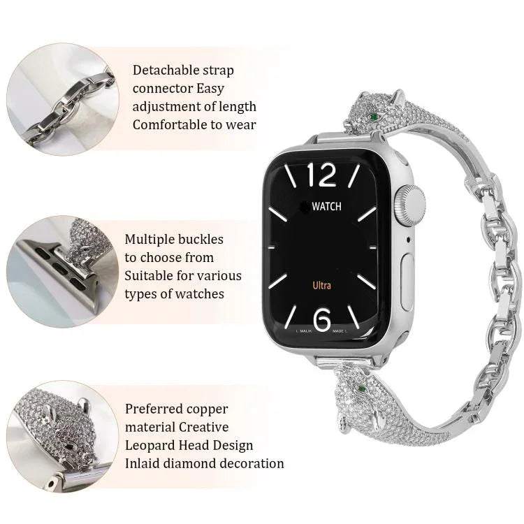 Kupferbesetztes Uhrenarmband mit Zirkonia-Leopardenkopf, passend für Apple Watch 46 mm / 49 mm / 45 mm / 44 mm und 42 mm / 41 mm / 40 mm / 38 mm