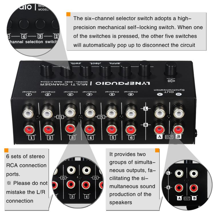 B080 6 Eingänge 2 Ausgänge Audio-Signalwähler Audio-Umschalter, 2-Kanal Synchronous Output RCA Schnittstelle, B080